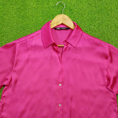Hot pink full sleeve classic collar satin shirt - collar detail - alternate view