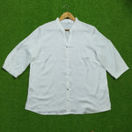 White 3/4 sleeve mandarin collar snap button-front shirt - front view