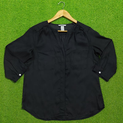 Black 3/4 sleeve V-neck gathered shoulder silk blouse - front view