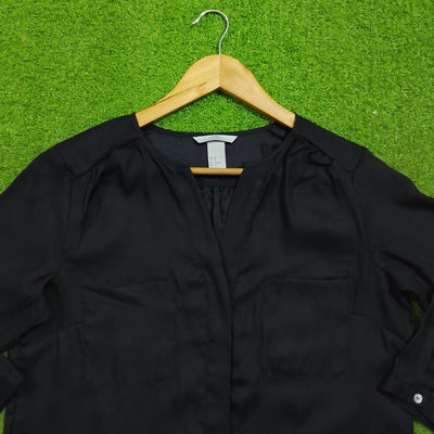 Black 3/4 sleeve V-neck gathered shoulder silk blouse - neckline detail - alternate view