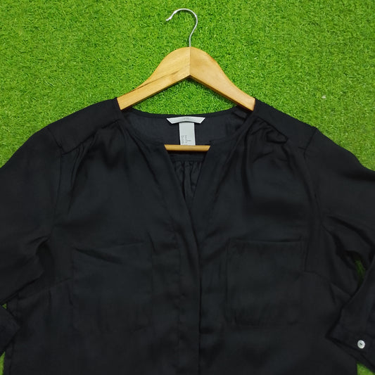 Black 3/4 sleeve V-neck gathered shoulder silk blouse - neckline detail - alternate view