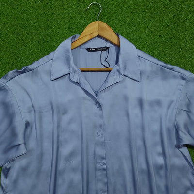 Light blue oversized drop shoulder full sleeve silk shirt - collar detail - alternate view
