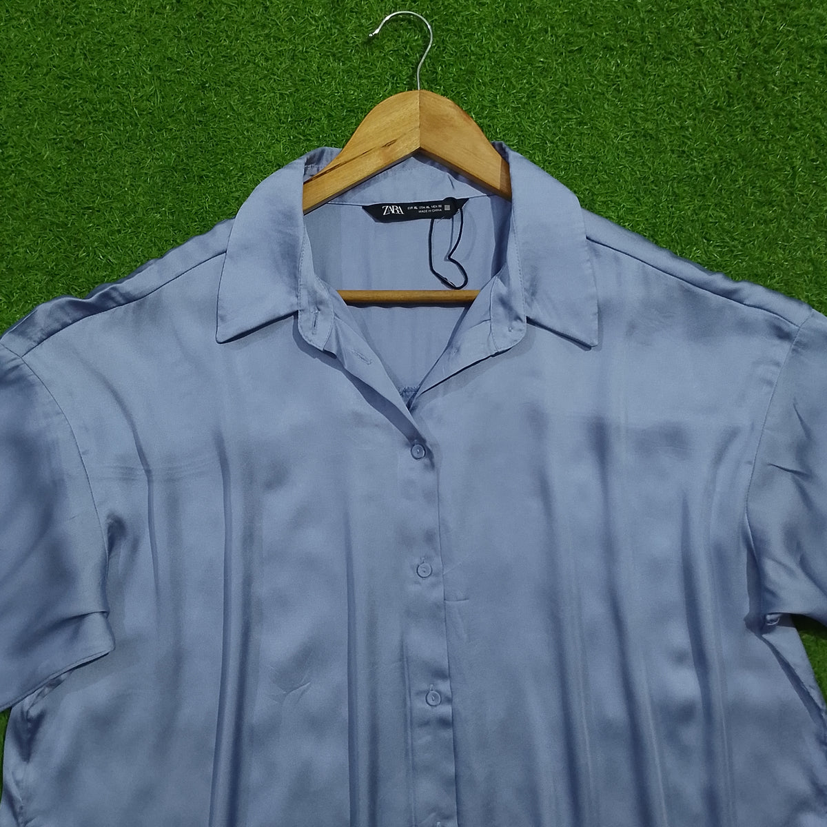 Light blue oversized drop shoulder full sleeve silk shirt - collar detail