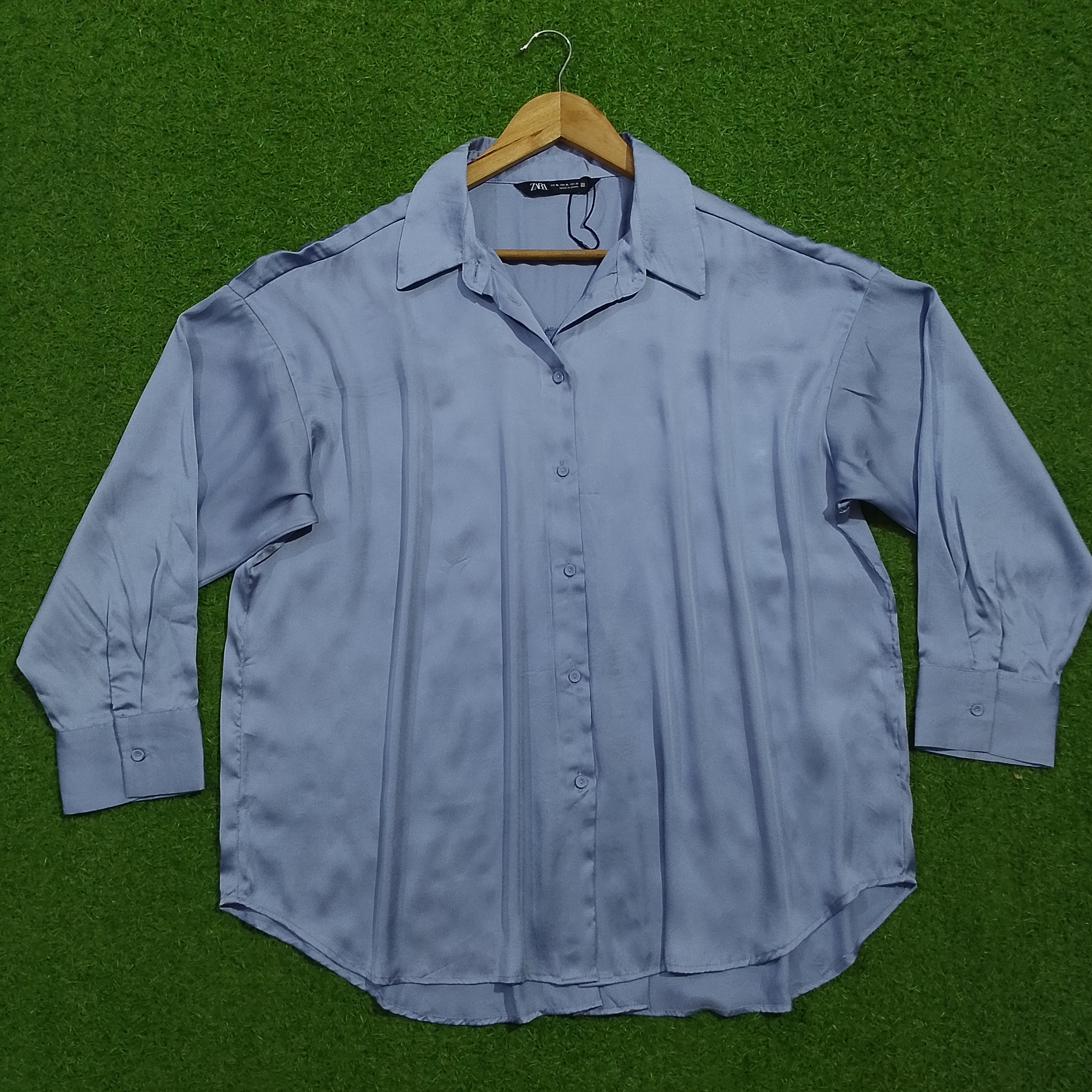 Light blue oversized drop shoulder full sleeve silk shirt - front view