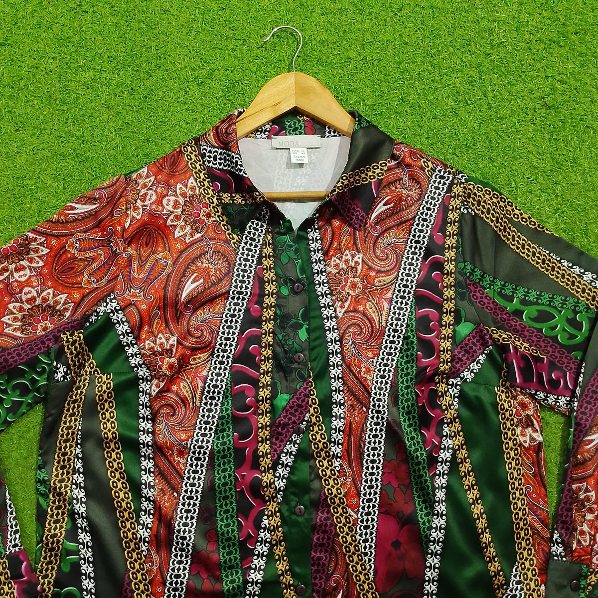 Multicolor Paisley Chain Print Long Sleeve Shirt - Collar Detail
