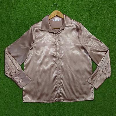 Champagne satin long sleeve shirt full view - alternate view