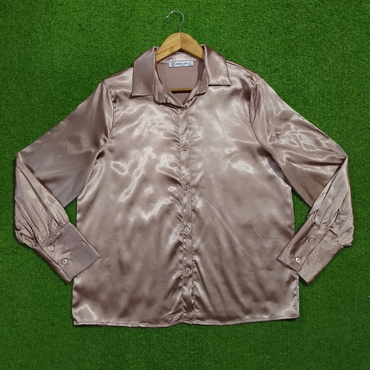 Champagne satin long sleeve shirt full view