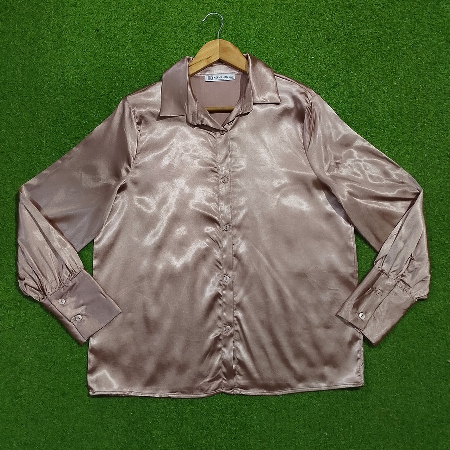 Champagne satin long sleeve shirt full view - alternate view
