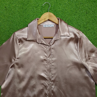 Champagne satin long sleeve shirt front close-up