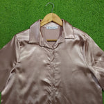 Champagne satin long sleeve shirt front close-up