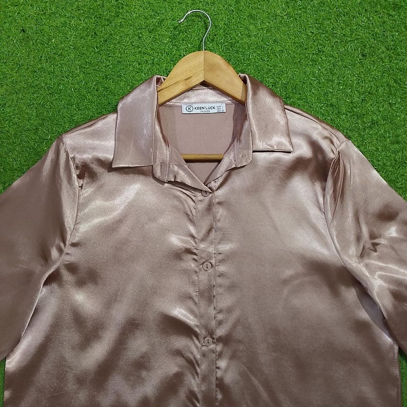 Champagne satin long sleeve shirt front close-up