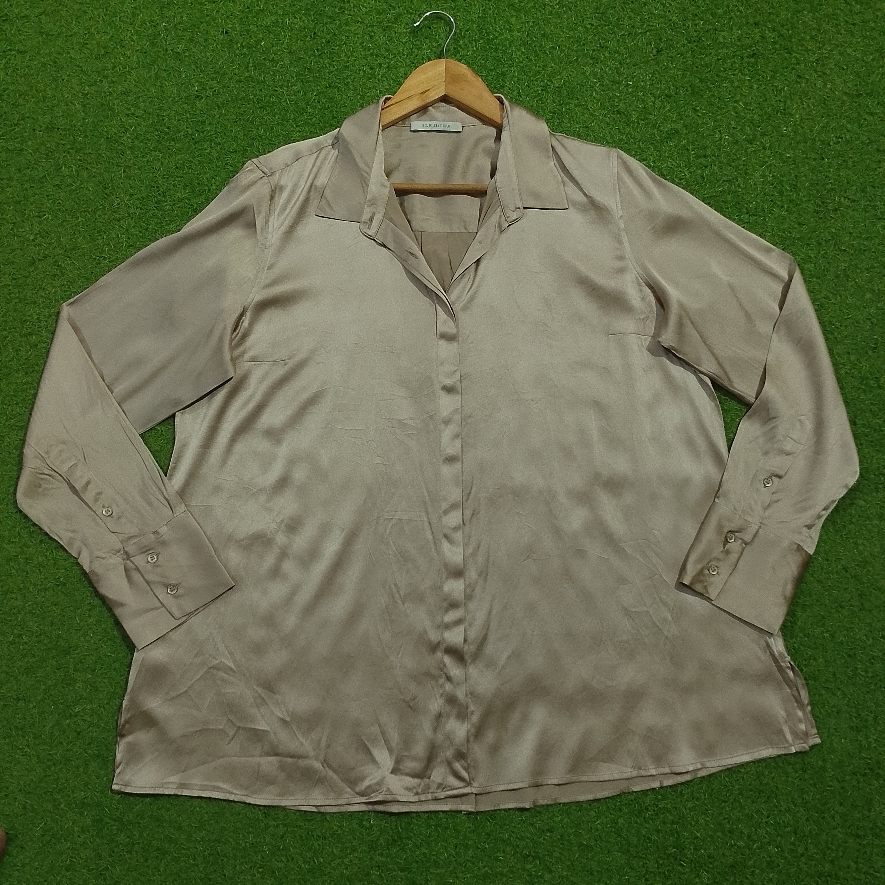 Beige Satin Long Sleeve Open Collar Shirt - Full View
