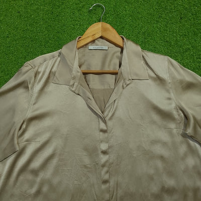 Beige Satin Long Sleeve Open Collar Shirt - Collar Detail - alternate view