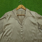 Beige Satin Long Sleeve Open Collar Shirt - Collar Detail