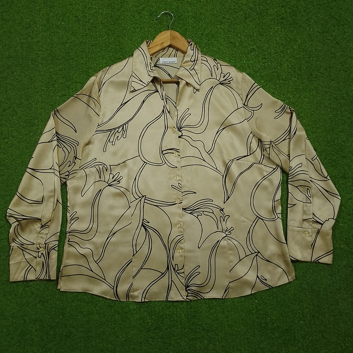 Beige black floral outline print long sleeve shirt full view