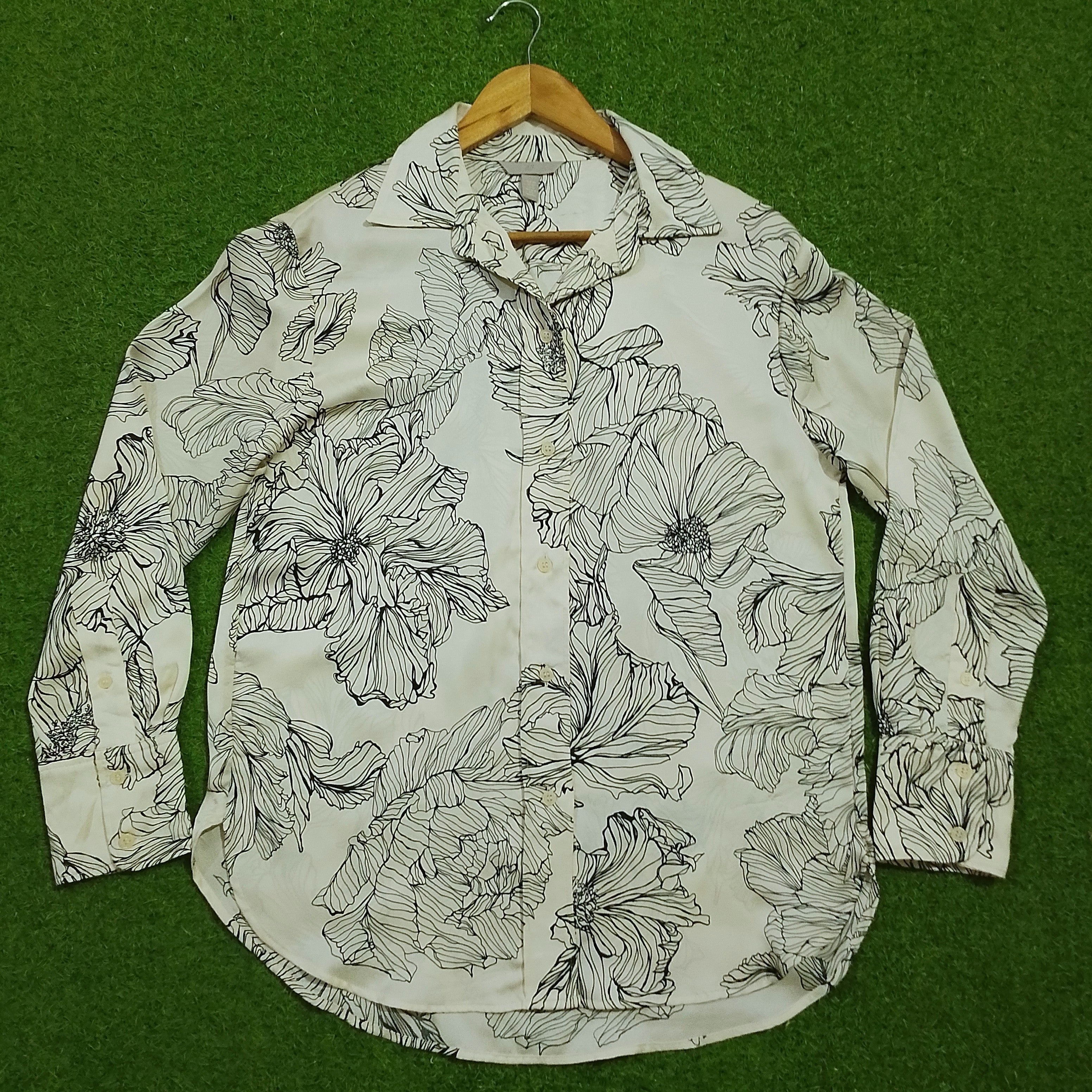 White Black Floral Print Long Sleeve Shirt - Full View