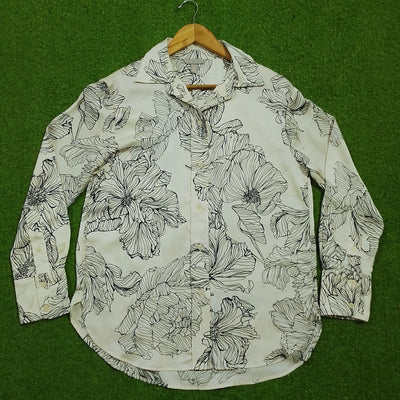 White Black Floral Print Long Sleeve Shirt - Full View