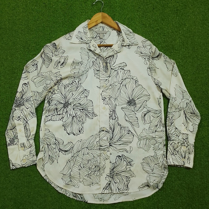 White Black Floral Print Long Sleeve Shirt - Full View