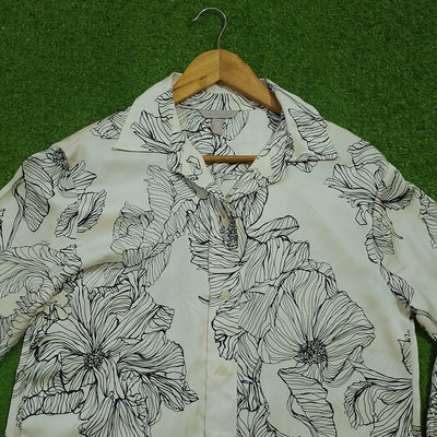 White Black Floral Print Long Sleeve Shirt - Collar Detail - alternate view