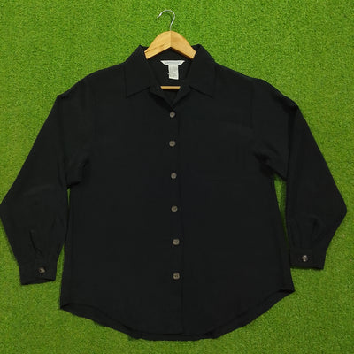 Black Crinkle Georgette Long Sleeve Button-Down Shirt - Full View