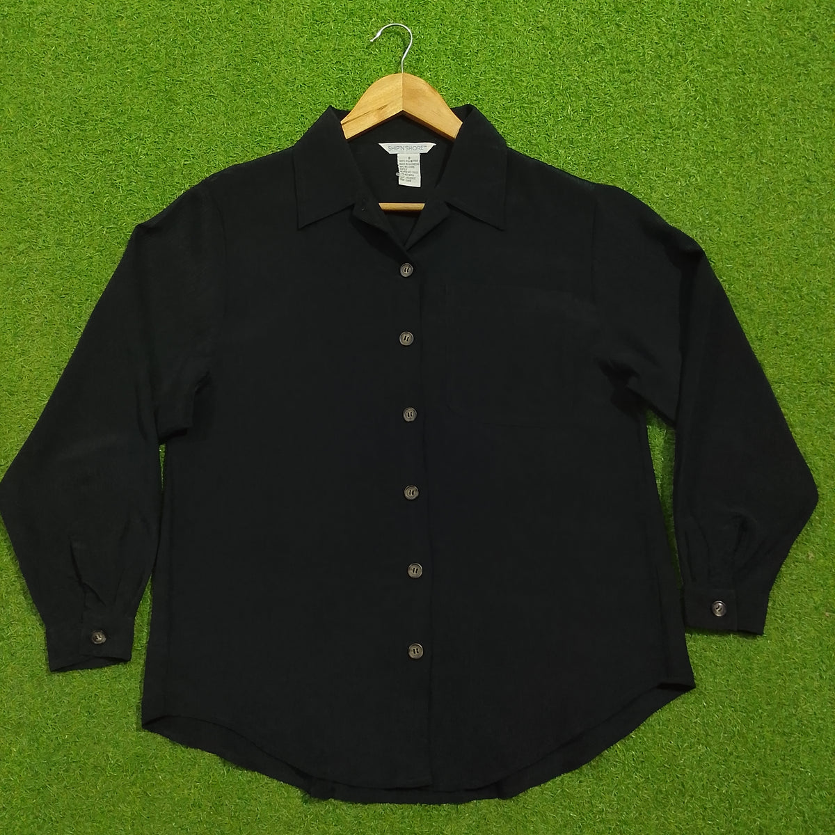 Black Crinkle Georgette Long Sleeve Button-Down Shirt - Full View