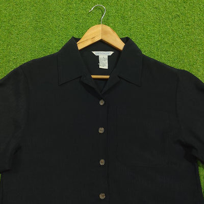 Black Crinkle Georgette Long Sleeve Button-Down Shirt - Collar Detail - alternate view