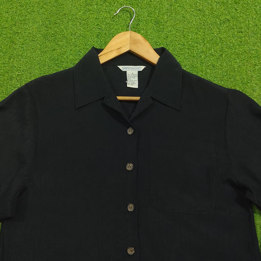 Black Crinkle Georgette Long Sleeve Button-Down Shirt - Collar Detail - alternate view