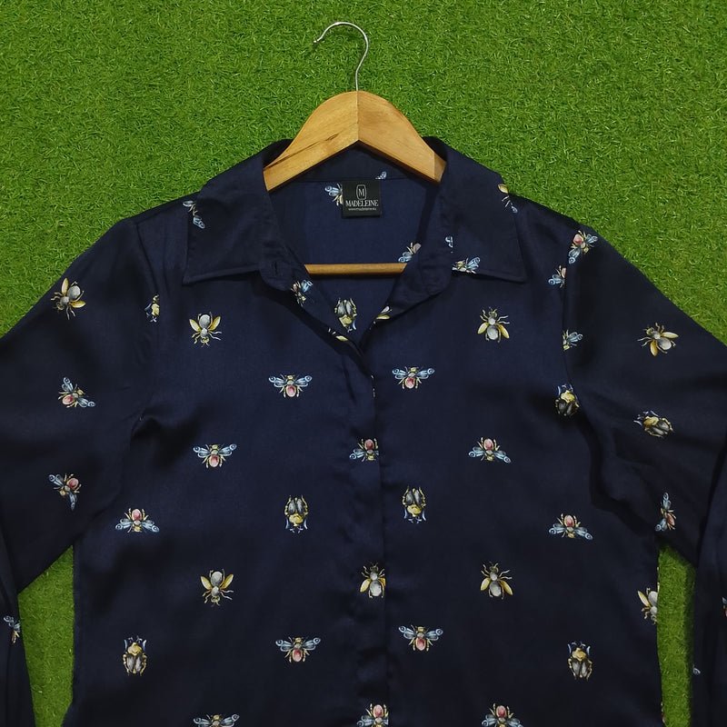 Navy Blue Bee Print Long Sleeve Shirt - Collar Detail