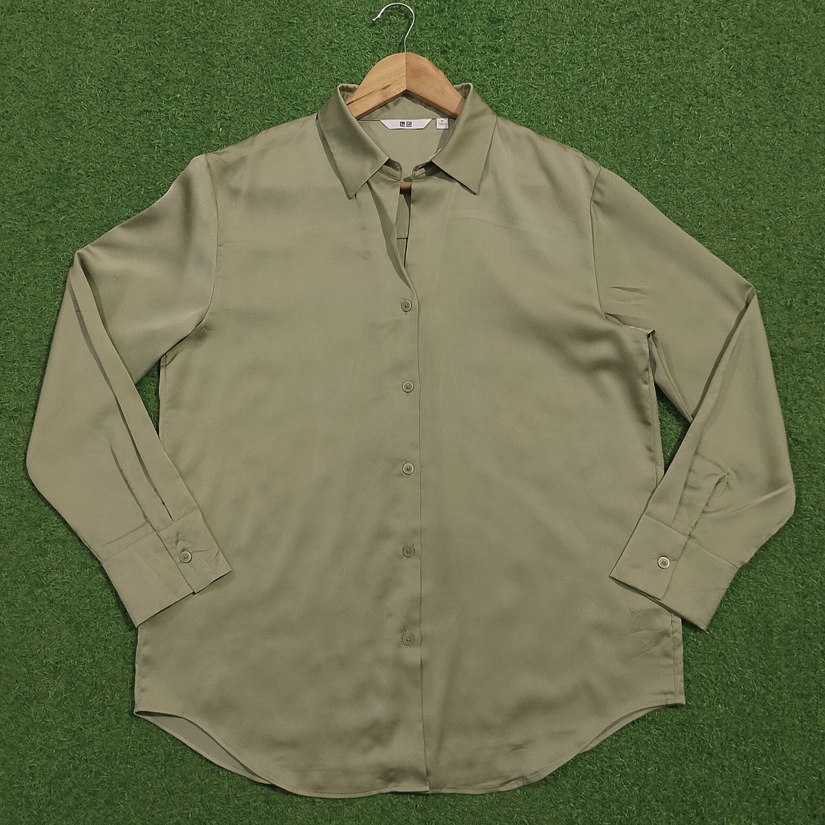 Olive green full sleeve classic collar silk shirt - front view