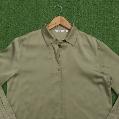 Olive green full sleeve classic collar silk shirt - collar detail - alternate view