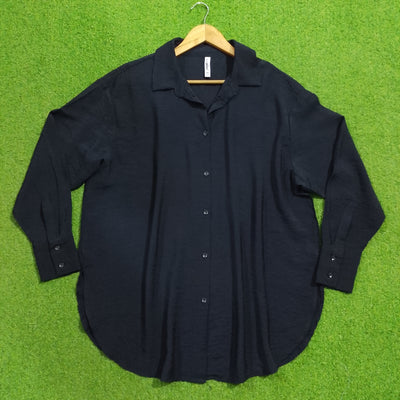 Navy Blue Oversized Silk Crush Button-Down Shirt - Front View