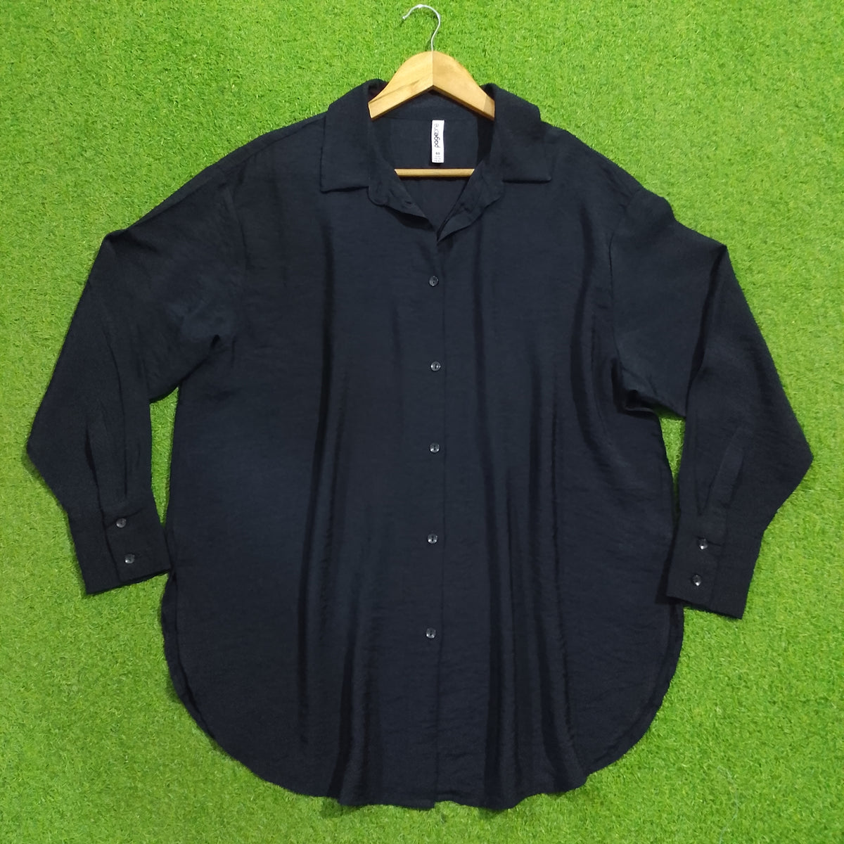 Navy Blue Oversized Silk Crush Button-Down Shirt - Front View