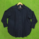 Navy Blue Oversized Silk Crush Button-Down Shirt - Front View