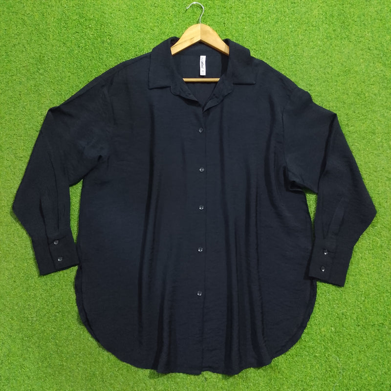 Navy Blue Oversized Silk Crush Button-Down Shirt - Front View