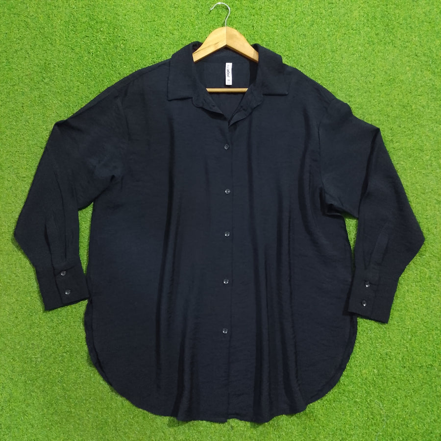 Navy Blue Oversized Silk Crush Button-Down Shirt - Front View