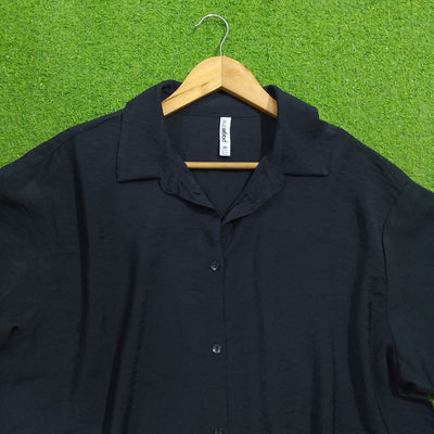 Navy Blue Oversized Silk Crush Button-Down Shirt - Collar Detail - alternate view