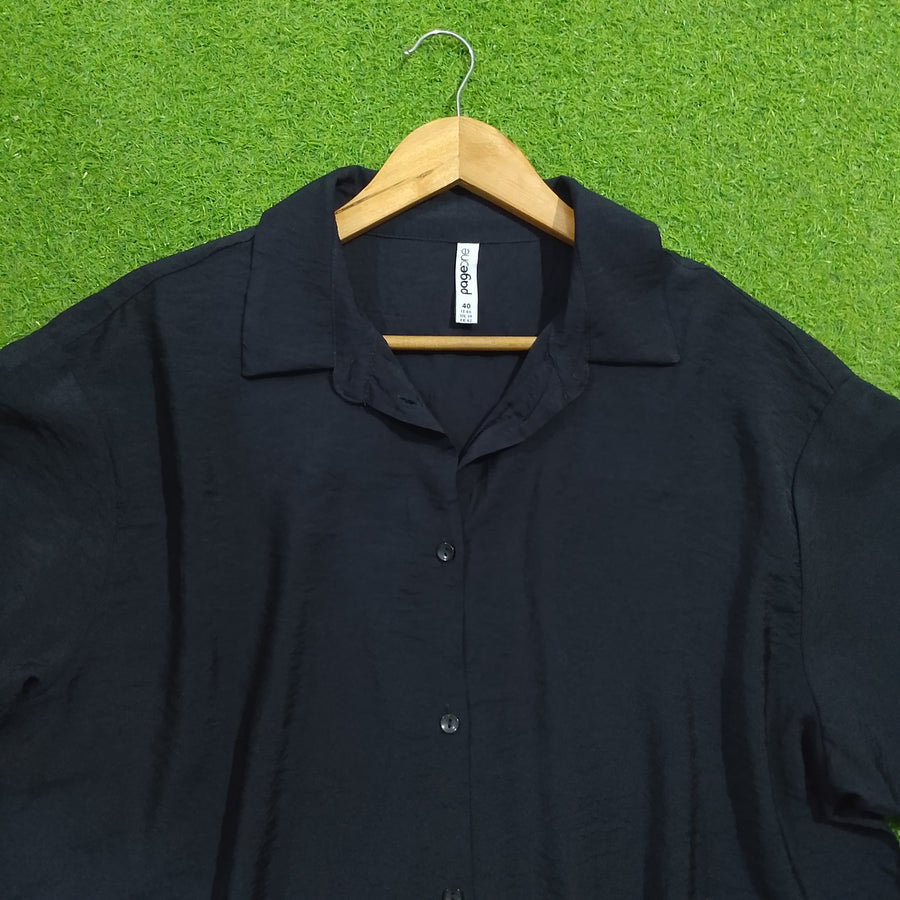 Navy Blue Oversized Silk Crush Button-Down Shirt - Collar Detail - alternate view