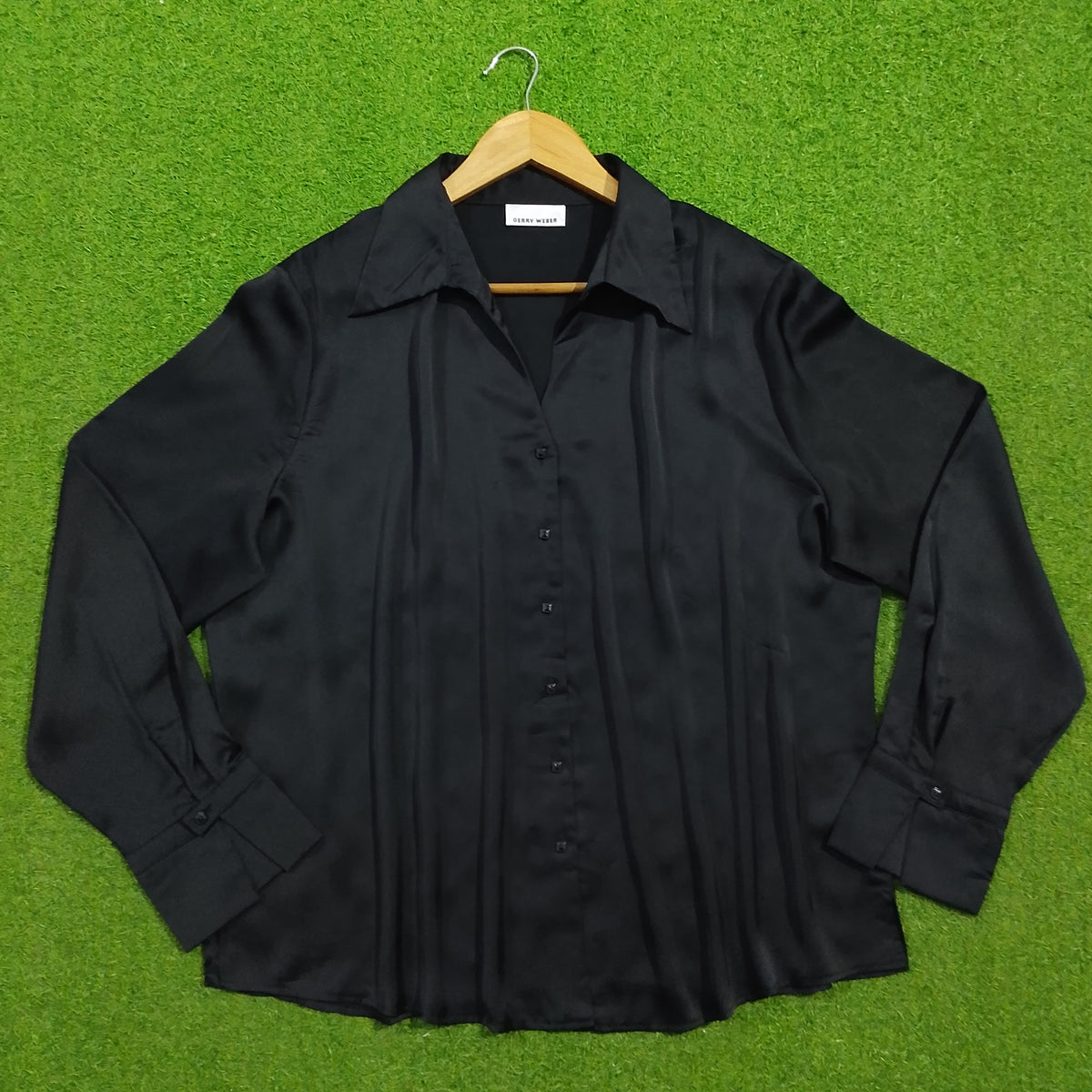 Black oversized silk long sleeve shirt full view