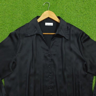 Black oversized silk long sleeve shirt collar close-up - alternate view