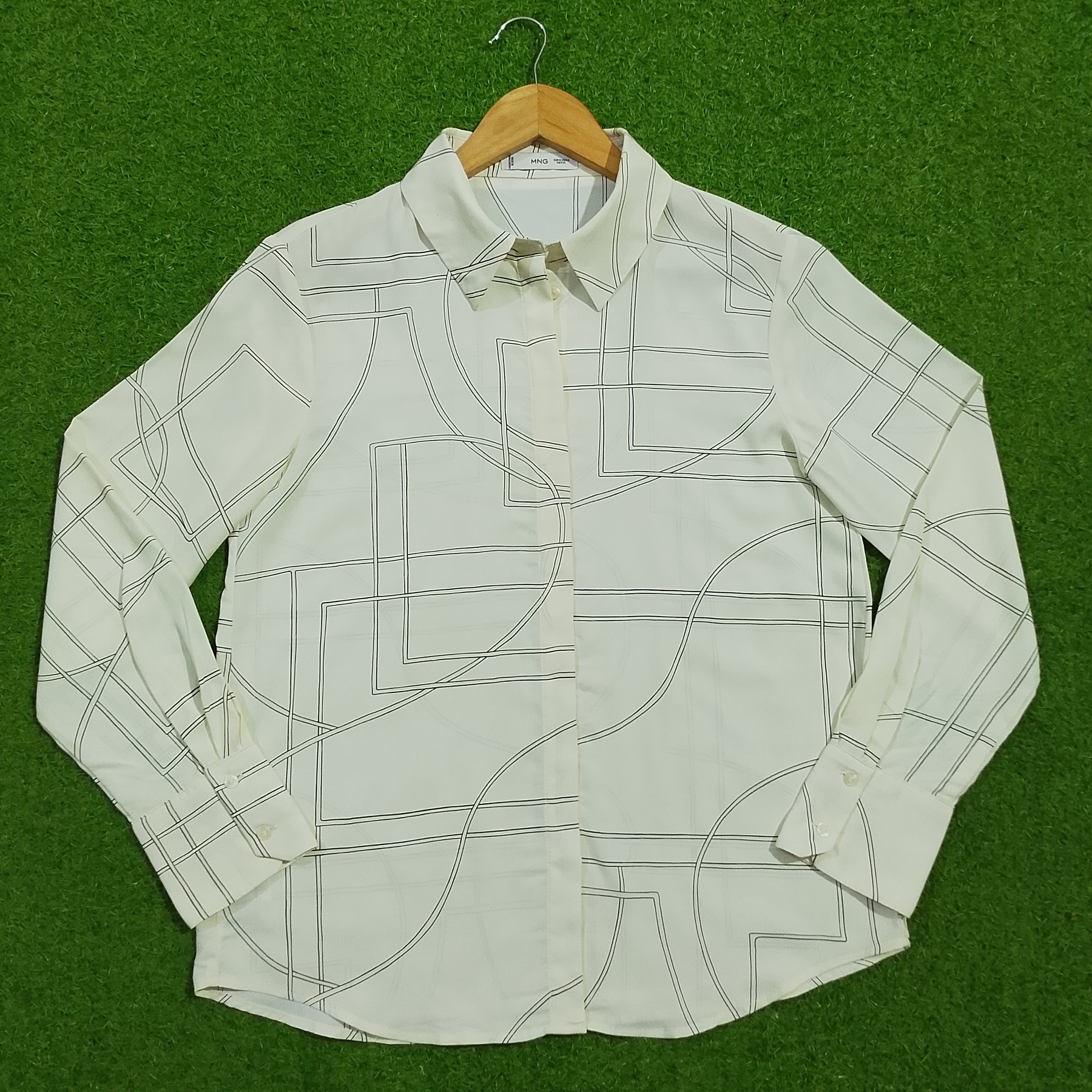 White black geometric print chiffon long sleeve shirt full view