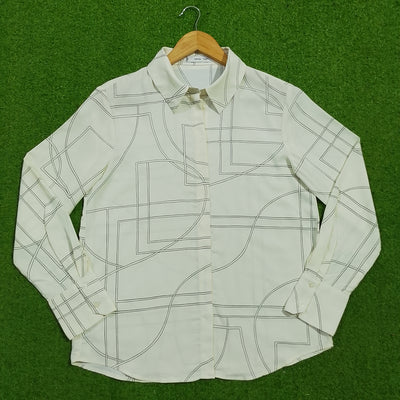 White black geometric print chiffon long sleeve shirt full view