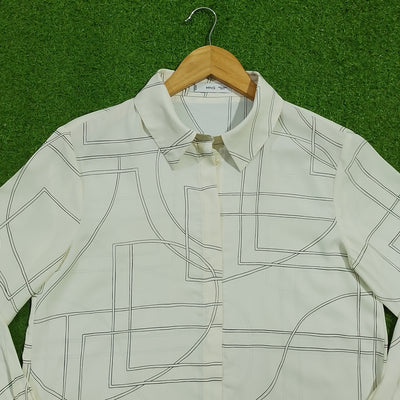 White black geometric print chiffon long sleeve shirt collar close-up - alternate view