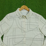 White black geometric print chiffon long sleeve shirt collar close-up