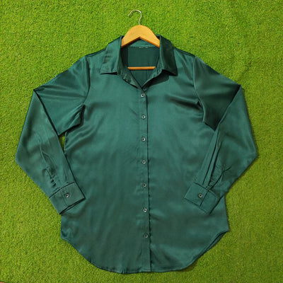 Emerald Green Glossy Silk Button-Down Shirt - Full View