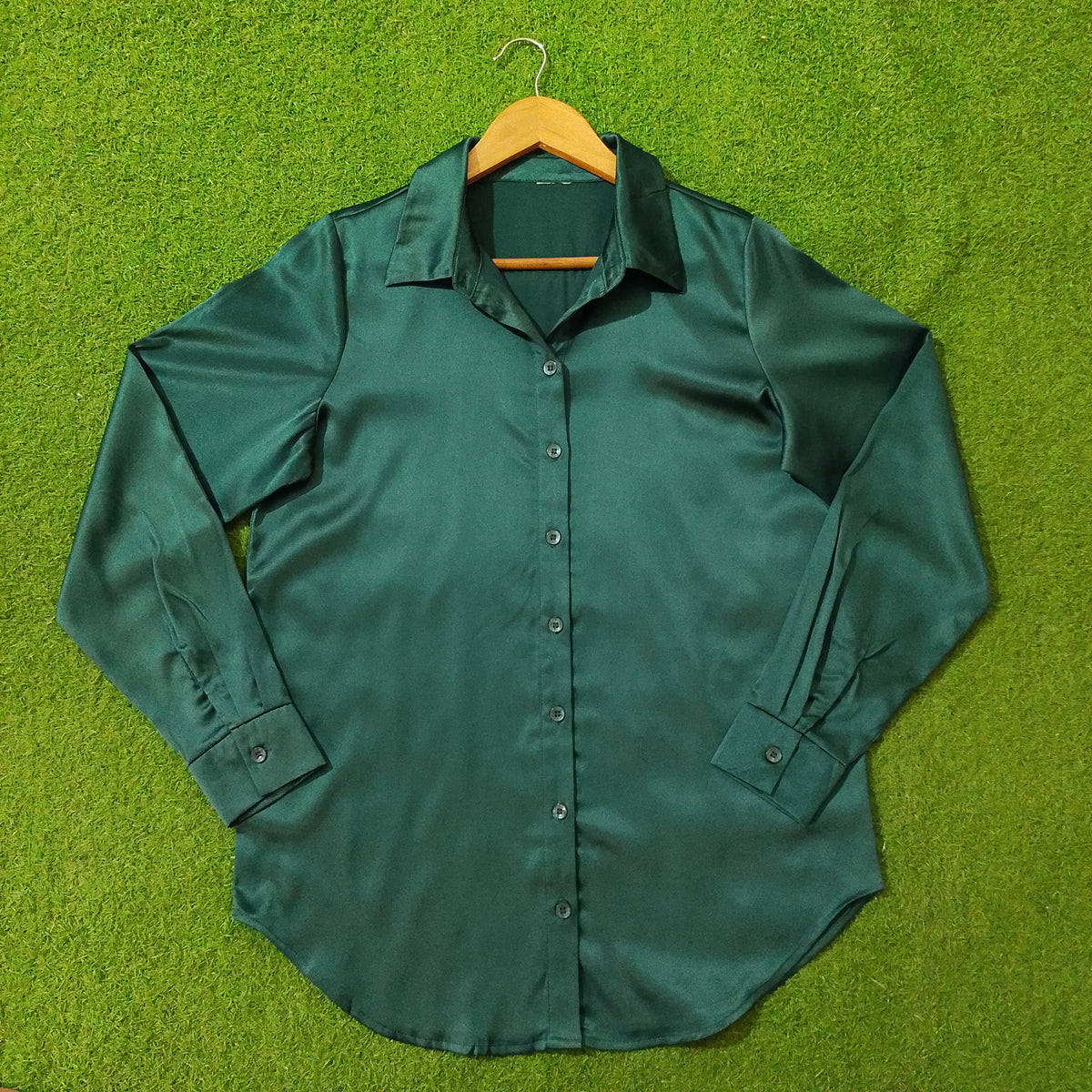 Emerald Green Glossy Silk Button-Down Shirt - Full View