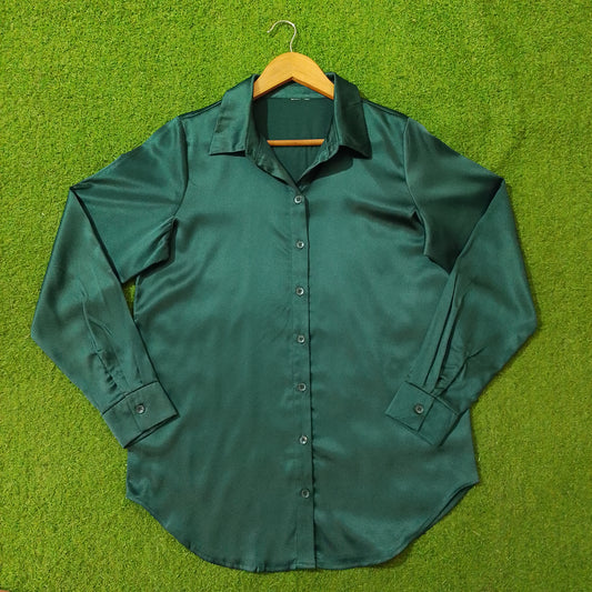 Emerald Green Glossy Silk Button-Down Shirt - Full View