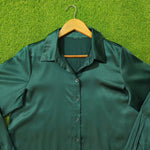 Emerald Green Glossy Silk Button-Down Shirt - Collar Detail