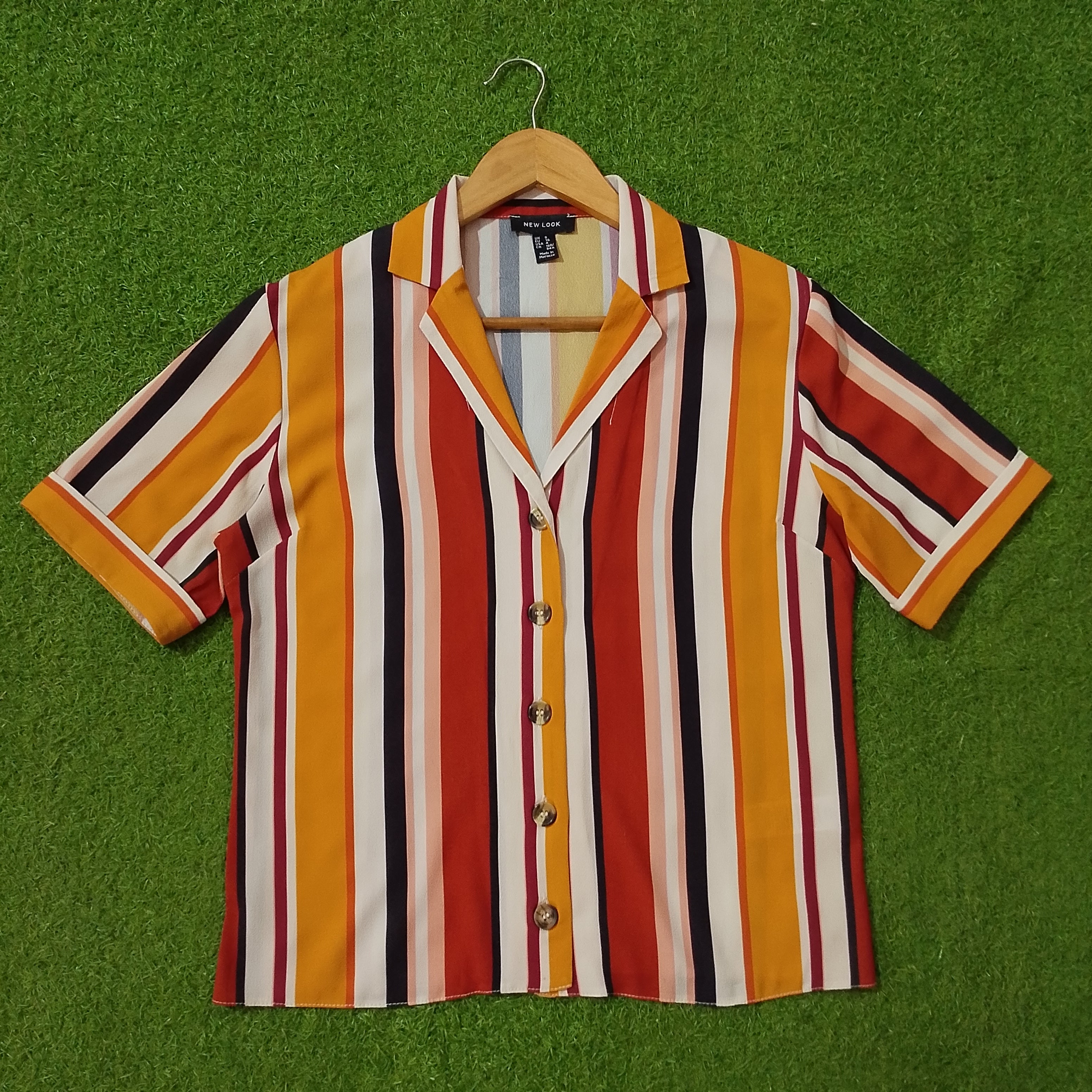 Multicolor Vertical Stripe Short Sleeve Crinkle Chiffon Shirt - Full View