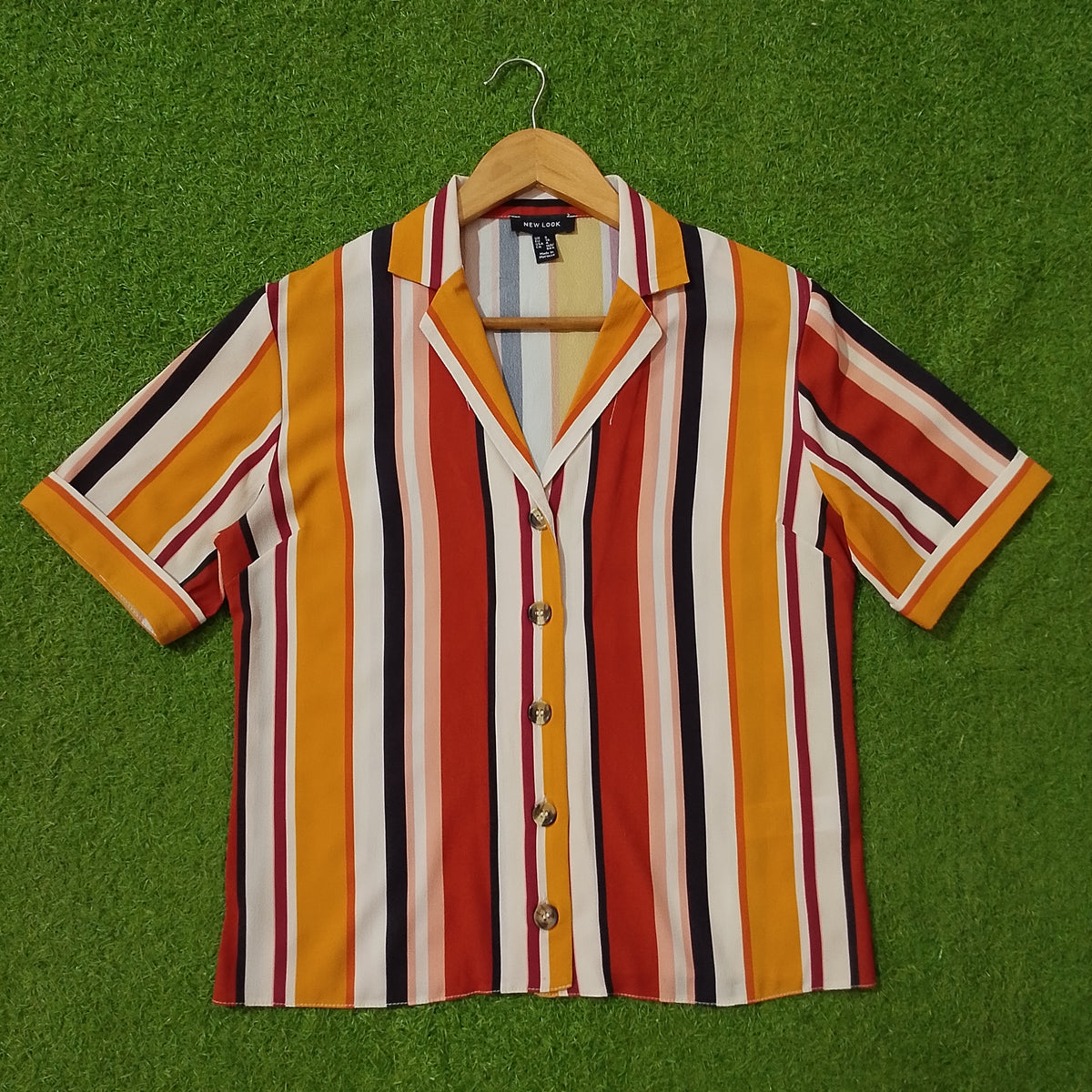 Multicolor Vertical Stripe Short Sleeve Crinkle Chiffon Shirt - Full View