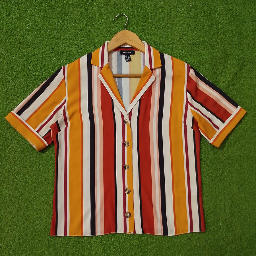 Multicolor Vertical Stripe Short Sleeve Crinkle Chiffon Shirt - Full View